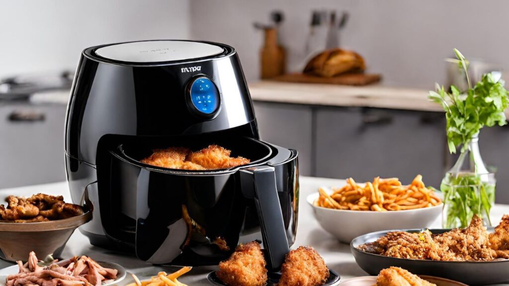 air fryer with roast chicken on board and fried treats all around