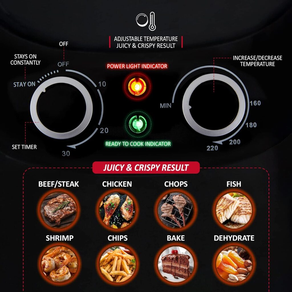 Netta 7.2L Air Fryer controls plus 8 pre-sets; beef/steak, chicken, chops, fish, shrimp, chips, bake and dehydrate